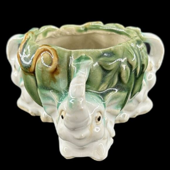VTG Majolica-Style Ceramic Elephants Trunks Raised, Good Luck Planter Circa1950 - Picture 7 of 8